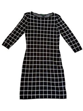 Lauren Ralph Lauren Black White Grid Print Knit Dress Petite Medium Career